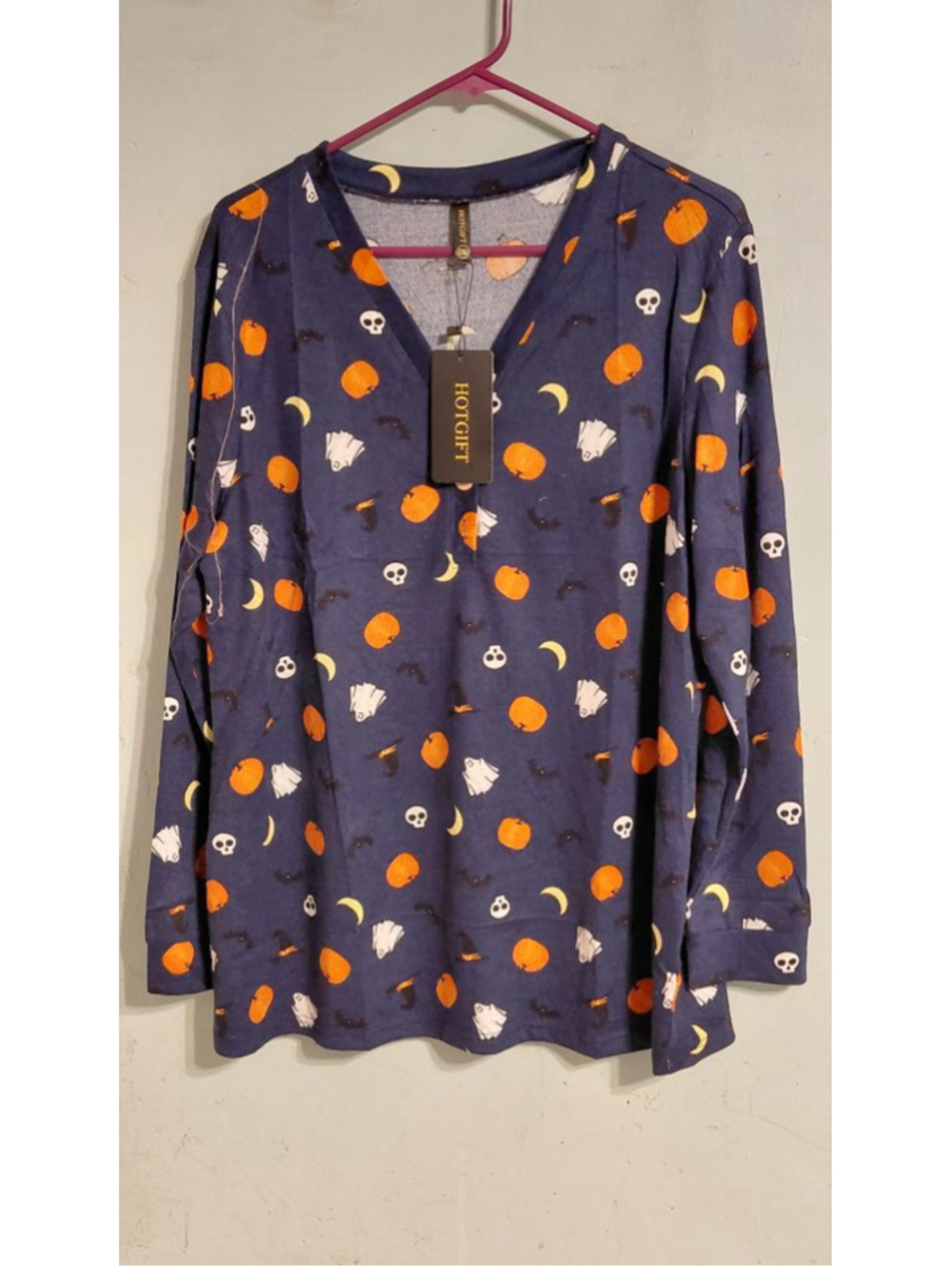 Women's HOTGIFT Navy Halloween Print Long Sleeve Tee 2X